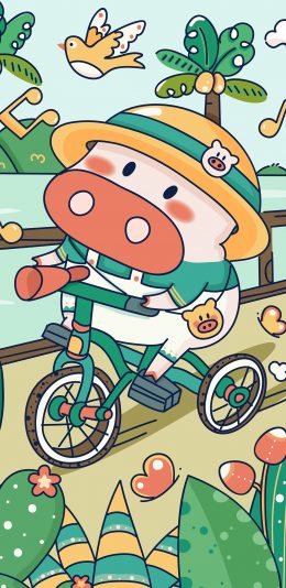 [2436x1125]骑单车 春天 牛 郊游 可爱 苹果手机动漫壁纸图片