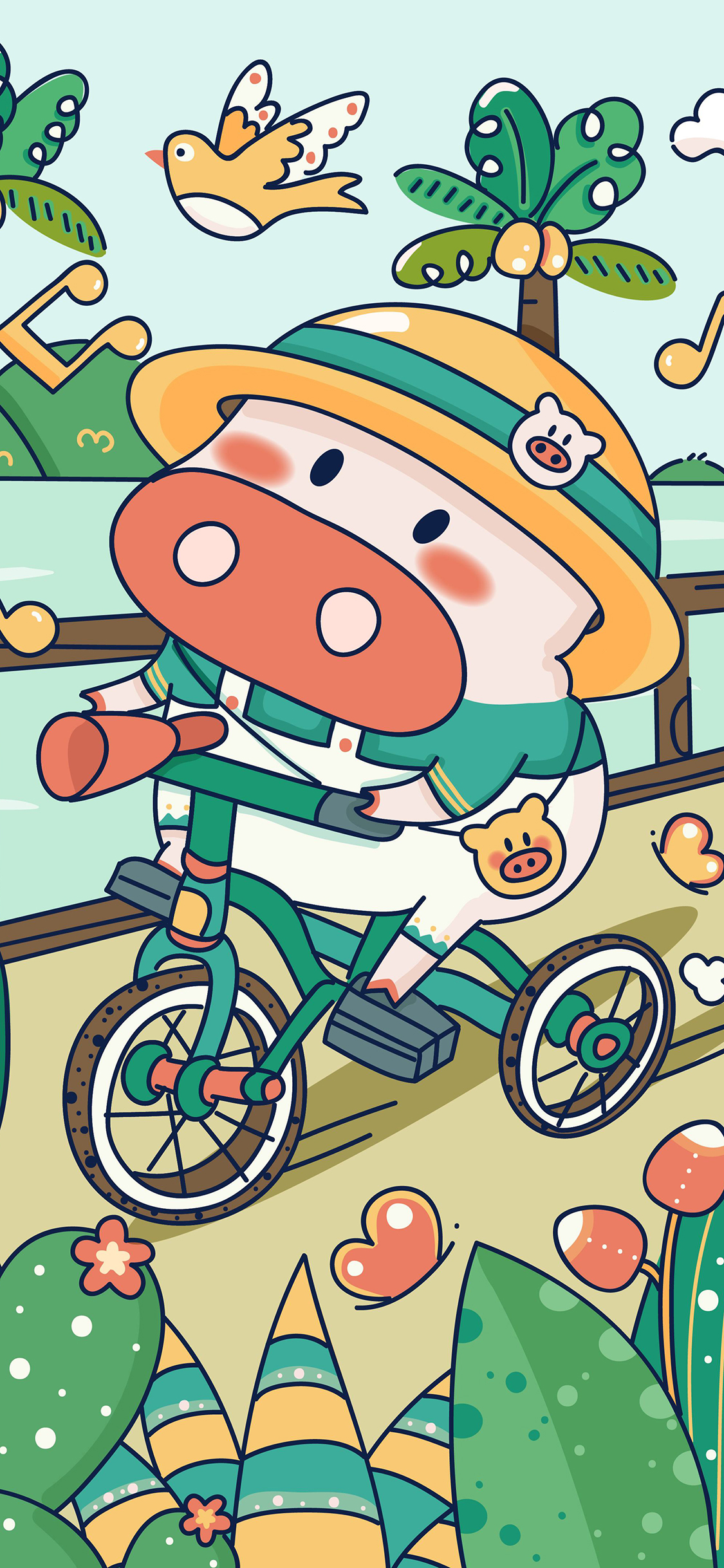 [2436×1125]骑单车 春天 牛 郊游 可爱 苹果手机动漫壁纸图片