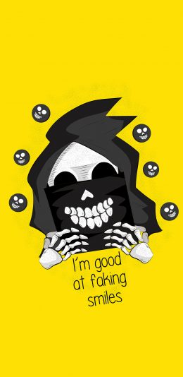 [2436x1125]骷髅头 黄色 口罩 im good at faking smiles 苹果手机动漫壁纸图片