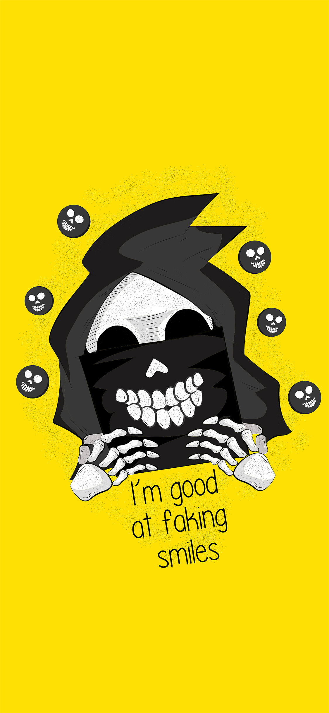 [2436×1125]骷髅头 黄色 口罩 im good at faking smiles 苹果手机动漫壁纸图片