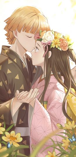 [2436x1125]鬼灭之刃 日漫 我妻善逸 祢豆子 苹果手机动漫壁纸图片