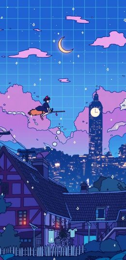 [2436x1125]魔女宅急便 宫崎骏 动画 蓝色 城市 苹果手机动漫壁纸图片