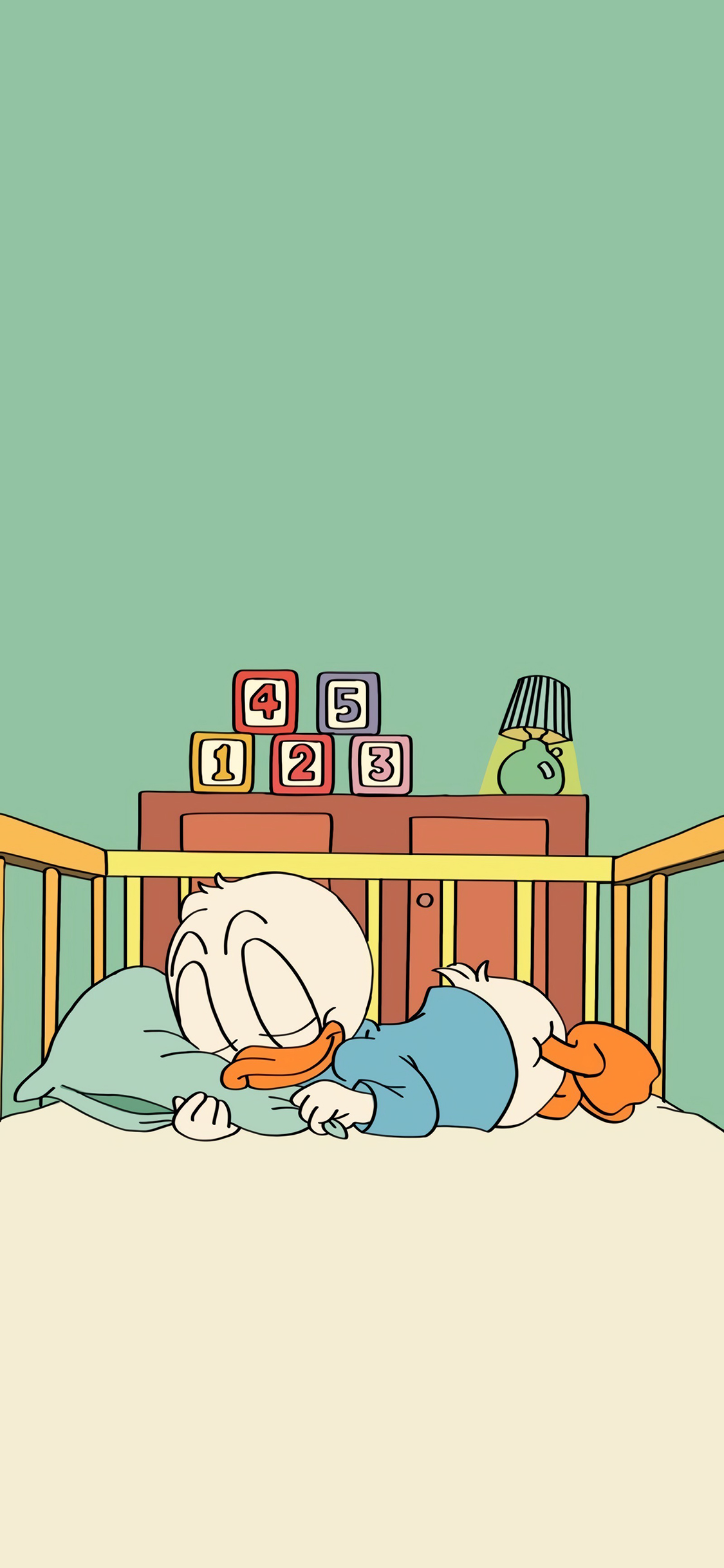 [2436×1125]鸭子 睡觉 卡通 数字 床 枕头 苹果手机动漫壁纸图片