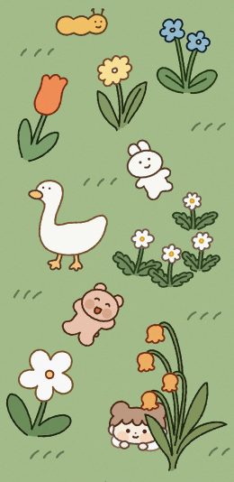 [2436x1125]鸭子 花草 绿色 虫子 苹果手机动漫壁纸图片