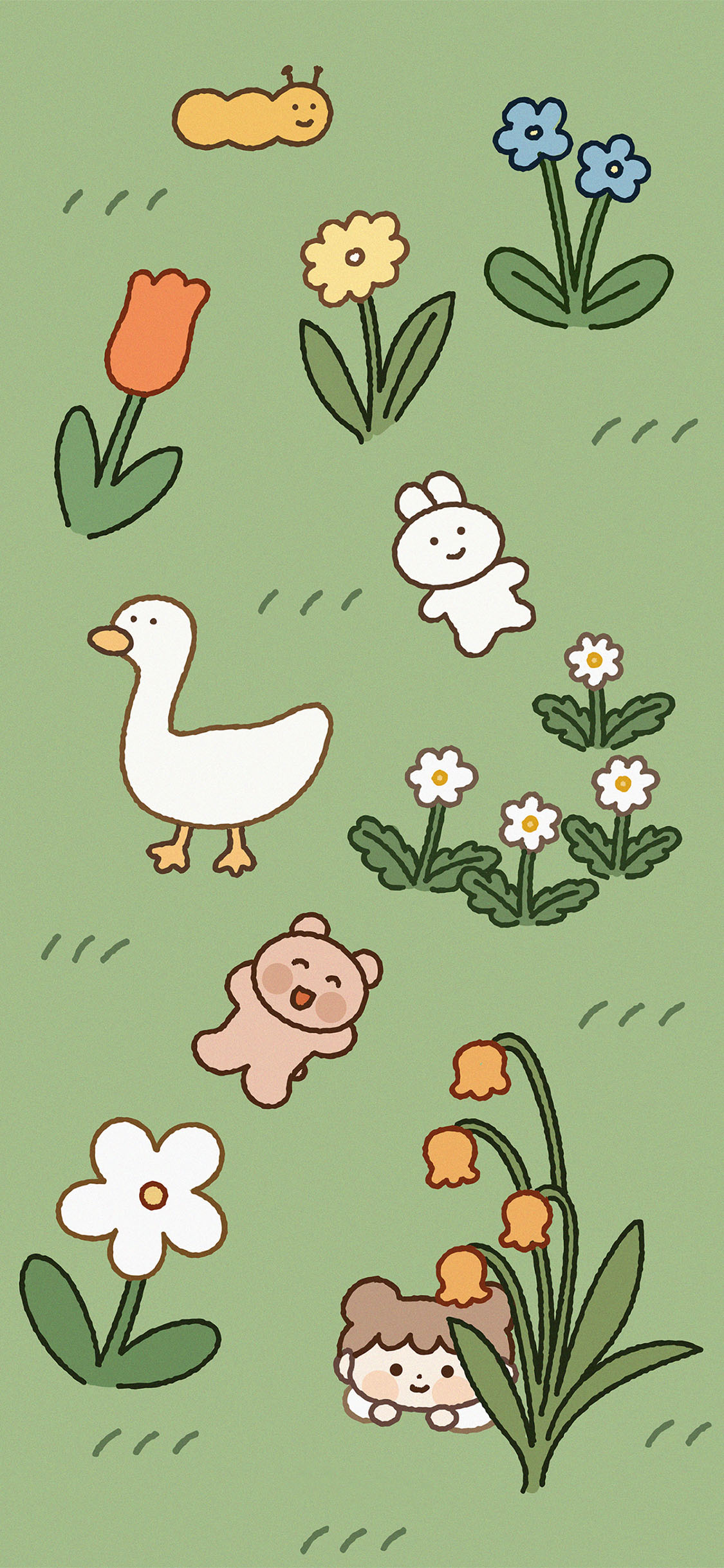 [2436×1125]鸭子 花草 绿色 虫子 苹果手机动漫壁纸图片