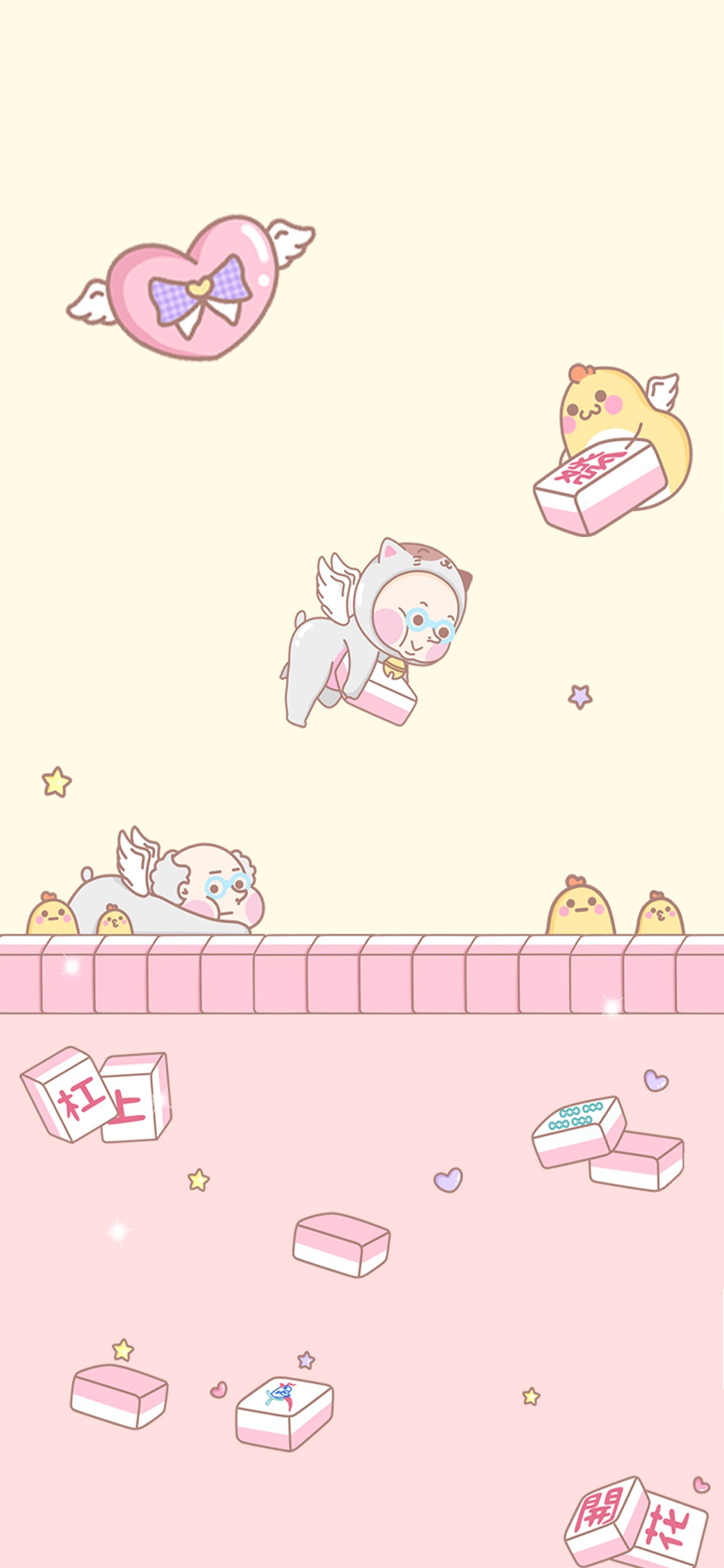 [2436×1125]麻将 屁股 秃头 翅膀 甜食 可爱 粉色 苹果手机动漫壁纸图片