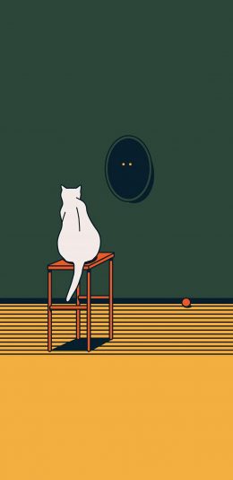 [2436x1125]黄绿色 撞色 猫咪 白色 背影 苹果手机动漫壁纸图片