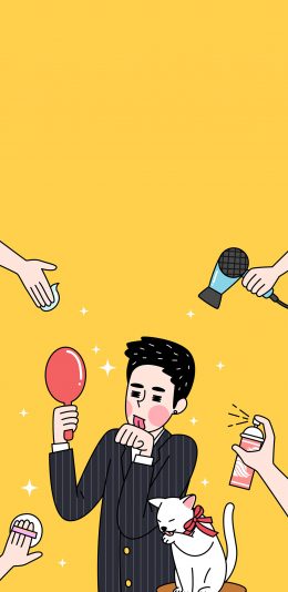 [2436x1125]黄色别急 插图 男孩 化妆 猫咪 苹果手机动漫壁纸图片