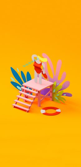 [2436x1125]黄色背景 3D插图 立体 游泳 平台 苹果手机动漫壁纸图片