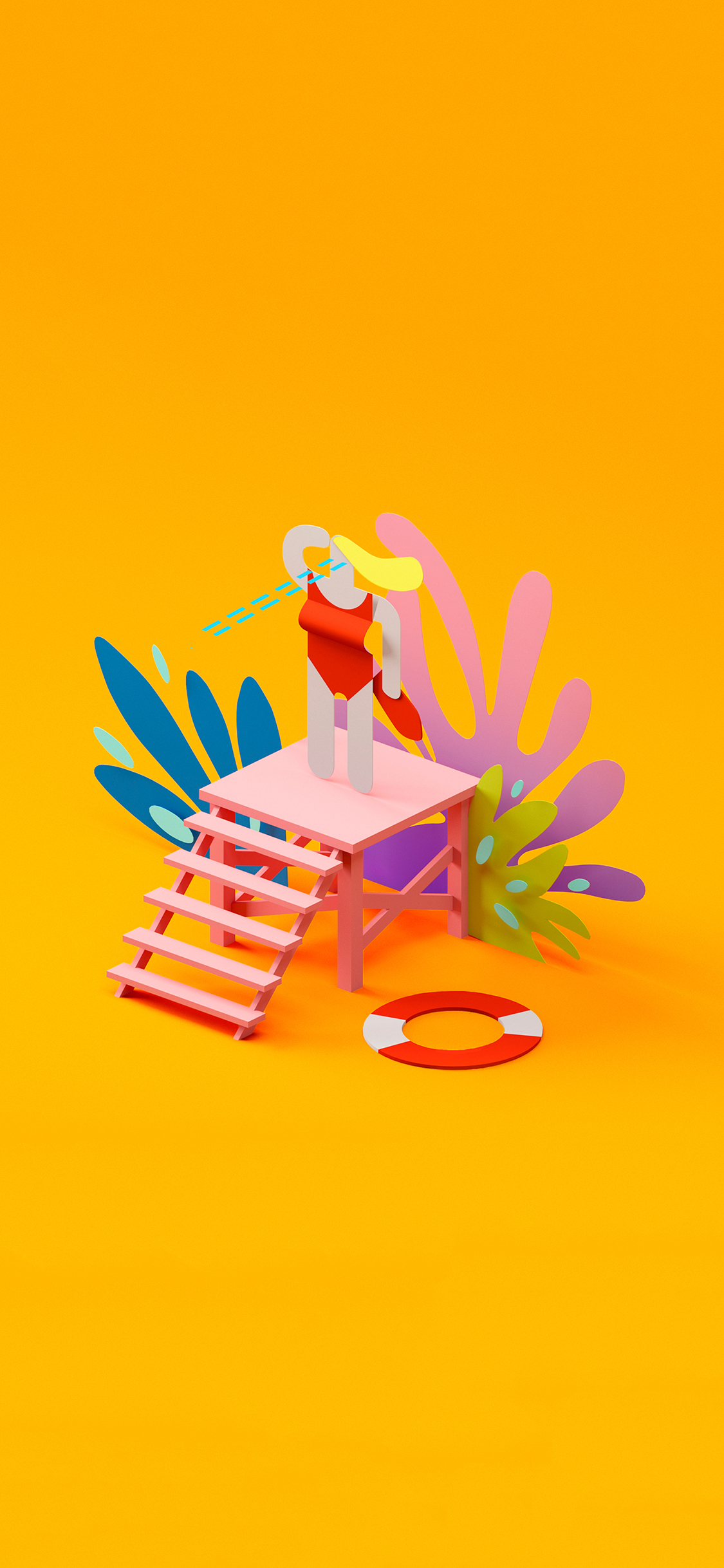 [2436×1125]黄色背景 3D插图 立体 游泳 平台 苹果手机动漫壁纸图片