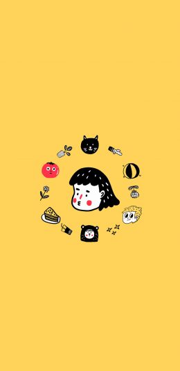 [2436x1125]黄色背景 logo 卡通 女孩 男孩 猫咪 苹果手机动漫壁纸图片