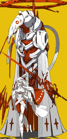 [2436x1125]黄色背景 动漫插画 少女 怪物 苹果手机动漫壁纸图片