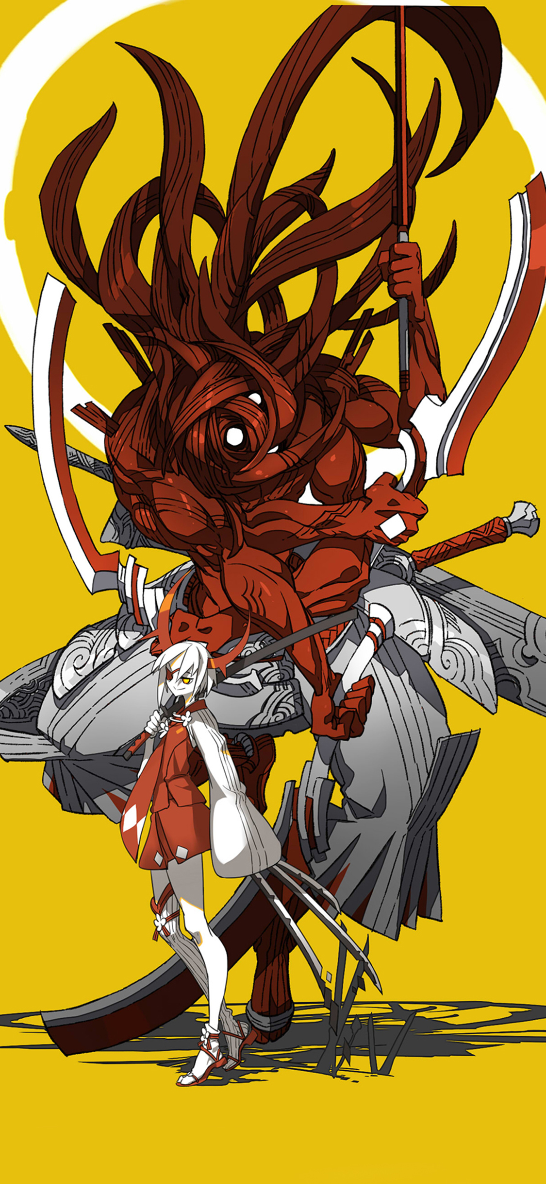 [2436×1125]黄色背景 动漫插画 恶魔 苹果手机动漫壁纸图片