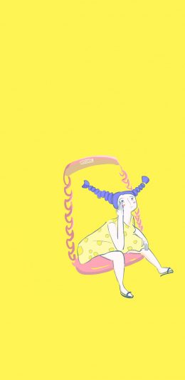 [2436x1125]黄色背景 卡通 女孩 朝天辫 苹果手机动漫壁纸图片