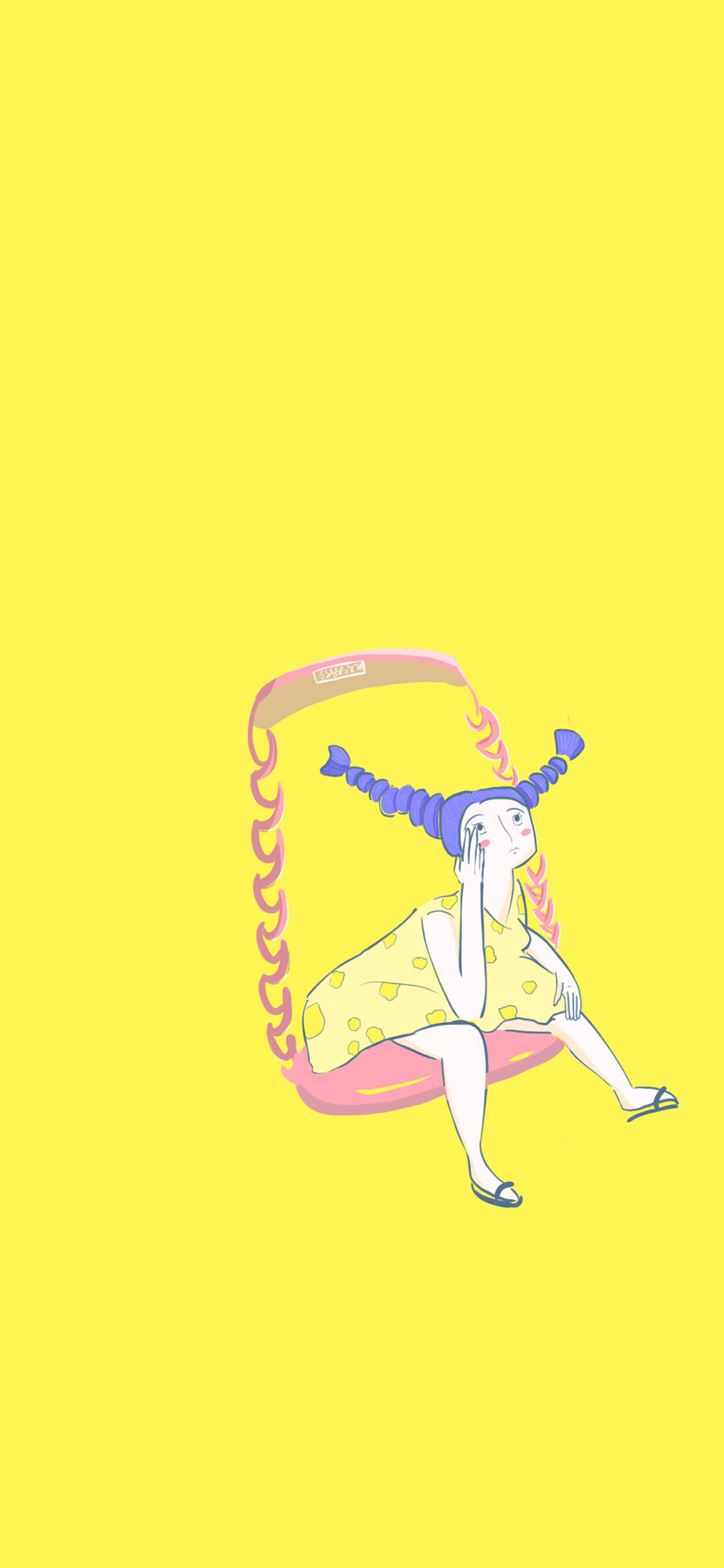 [2436×1125]黄色背景 卡通 女孩 朝天辫 苹果手机动漫壁纸图片