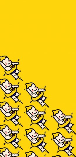 [2436x1125]黄色背景 卡通 小人 泳圈 苹果手机动漫壁纸图片