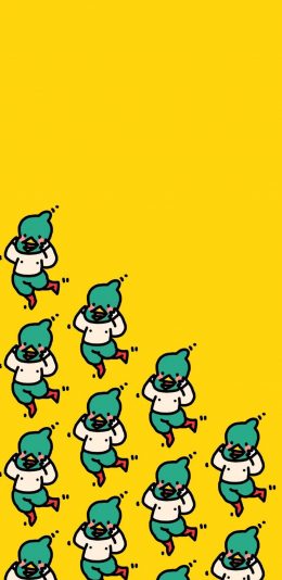 [2436x1125]黄色背景 卡通 小鸡 绿色 苹果手机动漫壁纸图片