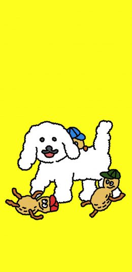 [2436x1125]黄色背景 卡通 狗狗 玩偶 苹果手机动漫壁纸图片