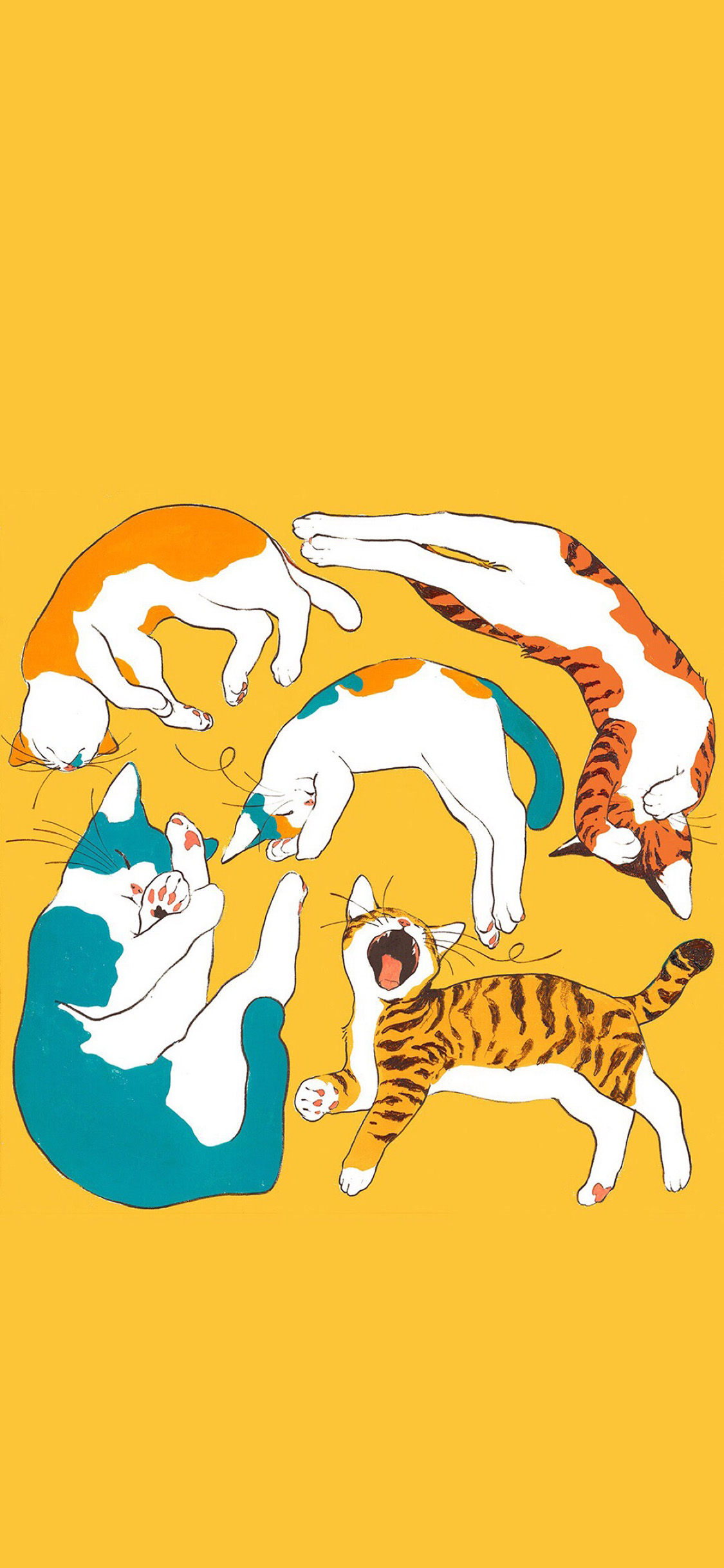 [2436×1125]黄色背景 卡通 猫咪 嬉闹 苹果手机动漫壁纸图片