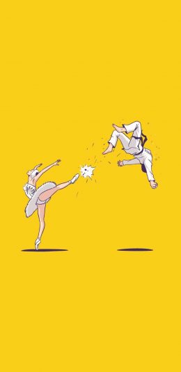 [2436x1125]黄色背景 卡通 舞者 跆拳道 苹果手机动漫壁纸图片
