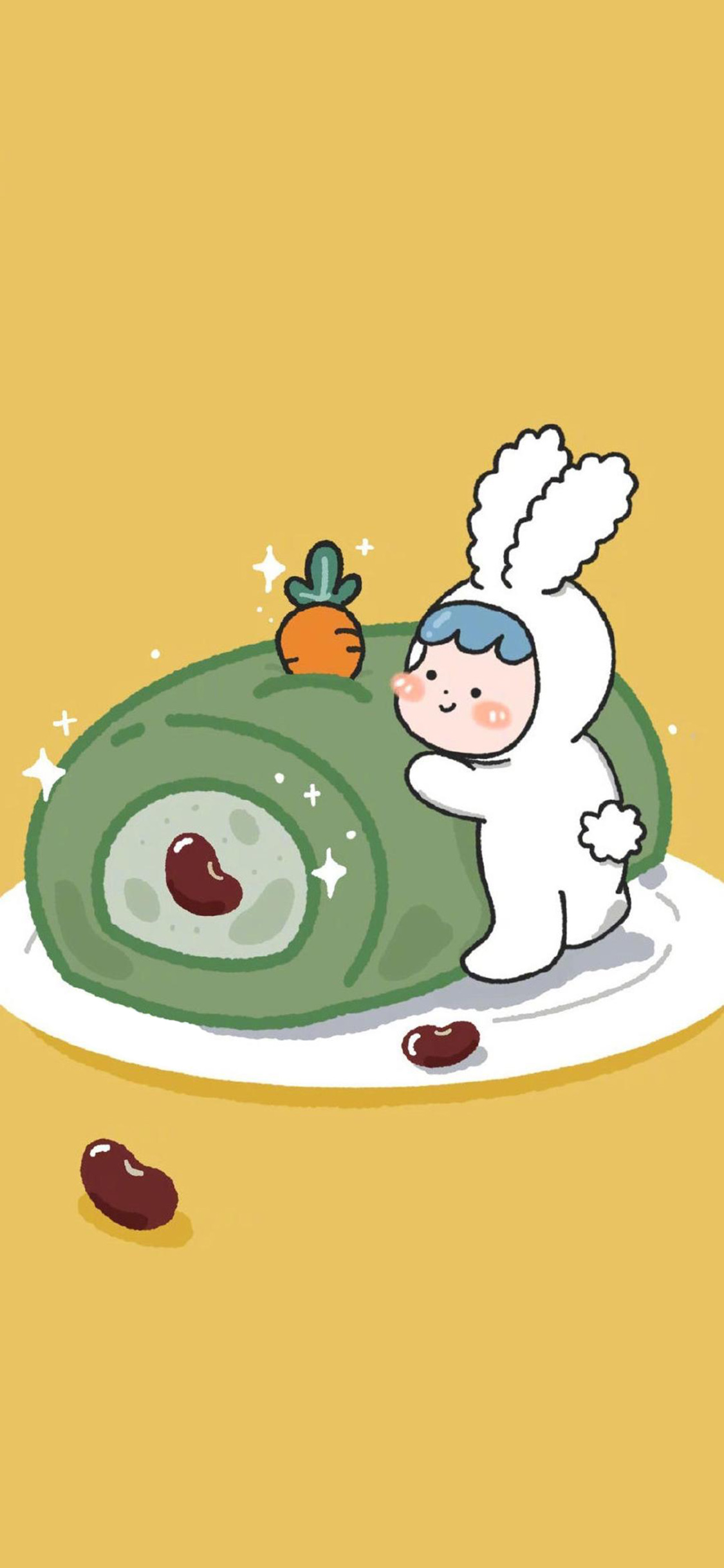 [2436×1125]黄色背景 卡通 蛋糕卷 小兔子 可爱 苹果手机动漫壁纸图片