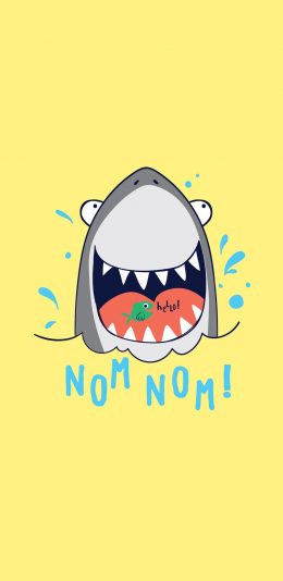 [2436x1125]黄色背景 卡通 鲨鱼 小鱼 help 苹果手机动漫壁纸图片