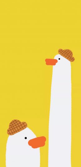 [2436x1125]黄色背景 卡通 鸭子 白色 苹果手机动漫壁纸图片