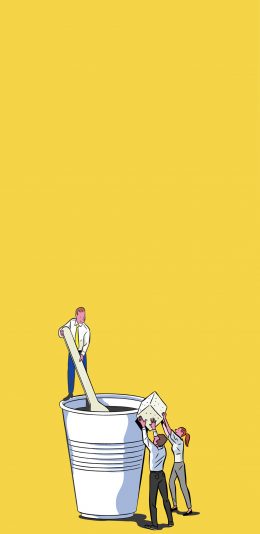 [2436x1125]黄色背景 卡通人物 泡咖啡 加糖 苹果手机动漫壁纸图片