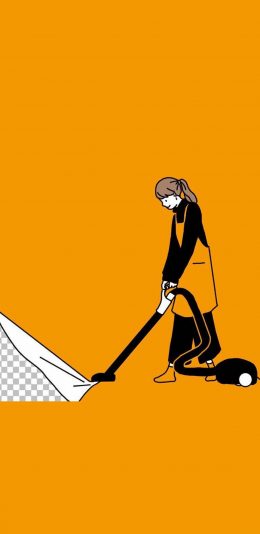 [2436x1125]黄色背景 卡通女孩 吸尘器 苹果手机动漫壁纸图片