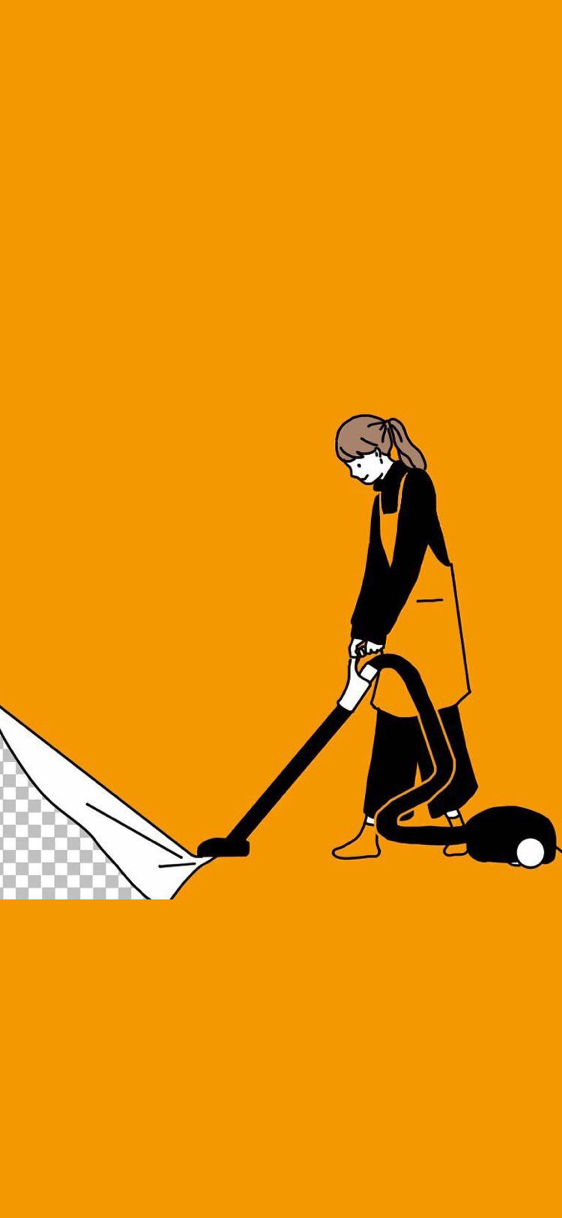 [2436×1125]黄色背景 卡通女孩 吸尘器 苹果手机动漫壁纸图片