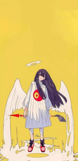 [2436x1125]黄色背景 天使 二次元少女 潮流 苹果手机动漫壁纸图片