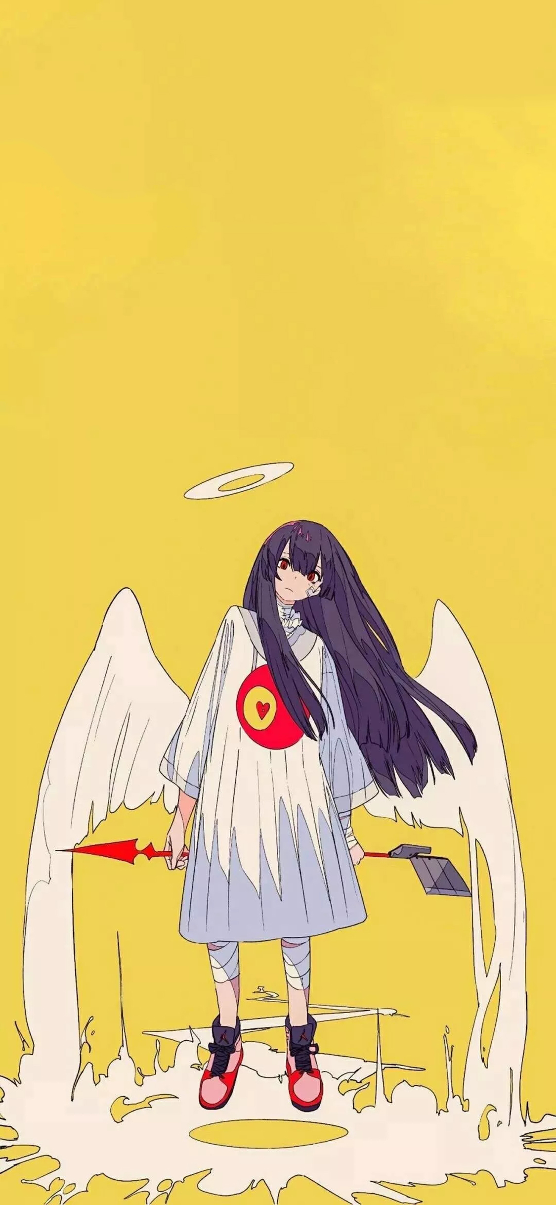 [2436×1125]黄色背景 天使 二次元少女 潮流 苹果手机动漫壁纸图片