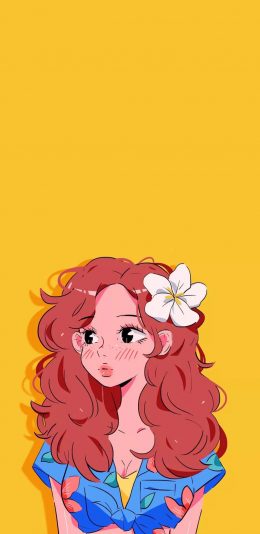 [2436x1125]黄色背景 女孩 插图 大波浪 苹果手机动漫壁纸图片