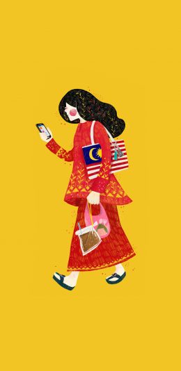 [2436x1125]黄色背景 女孩插画 民族风 苹果手机动漫壁纸图片