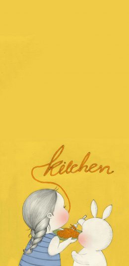 [2436x1125]黄色背景 小女孩 兔子 吃面 苹果手机动漫壁纸图片
