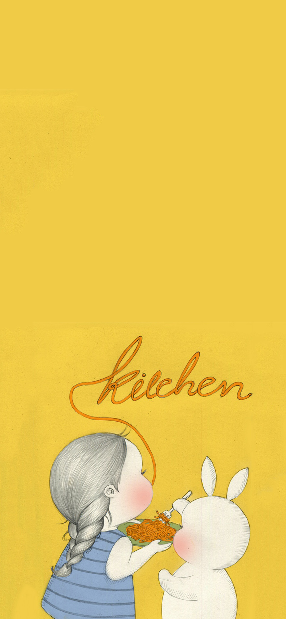 [2436×1125]黄色背景 小女孩 兔子 吃面 苹果手机动漫壁纸图片