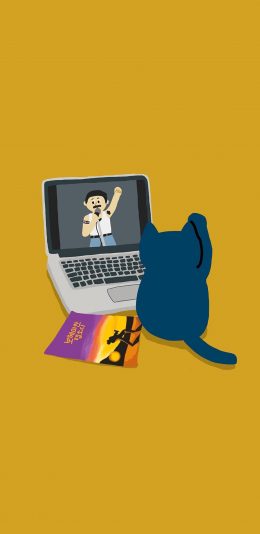 [2436x1125]黄色背景 插图 猫咪背影 电脑 苹果手机动漫壁纸图片