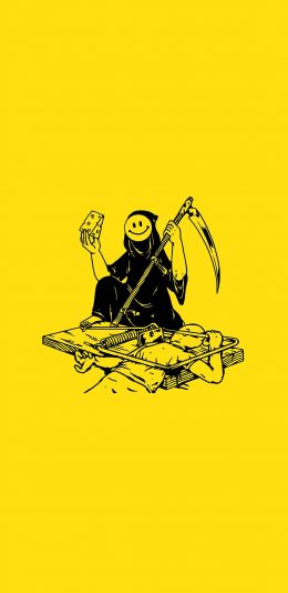 [2436x1125]黄色背景 死神 笑脸 老鼠夹 苹果手机动漫壁纸图片