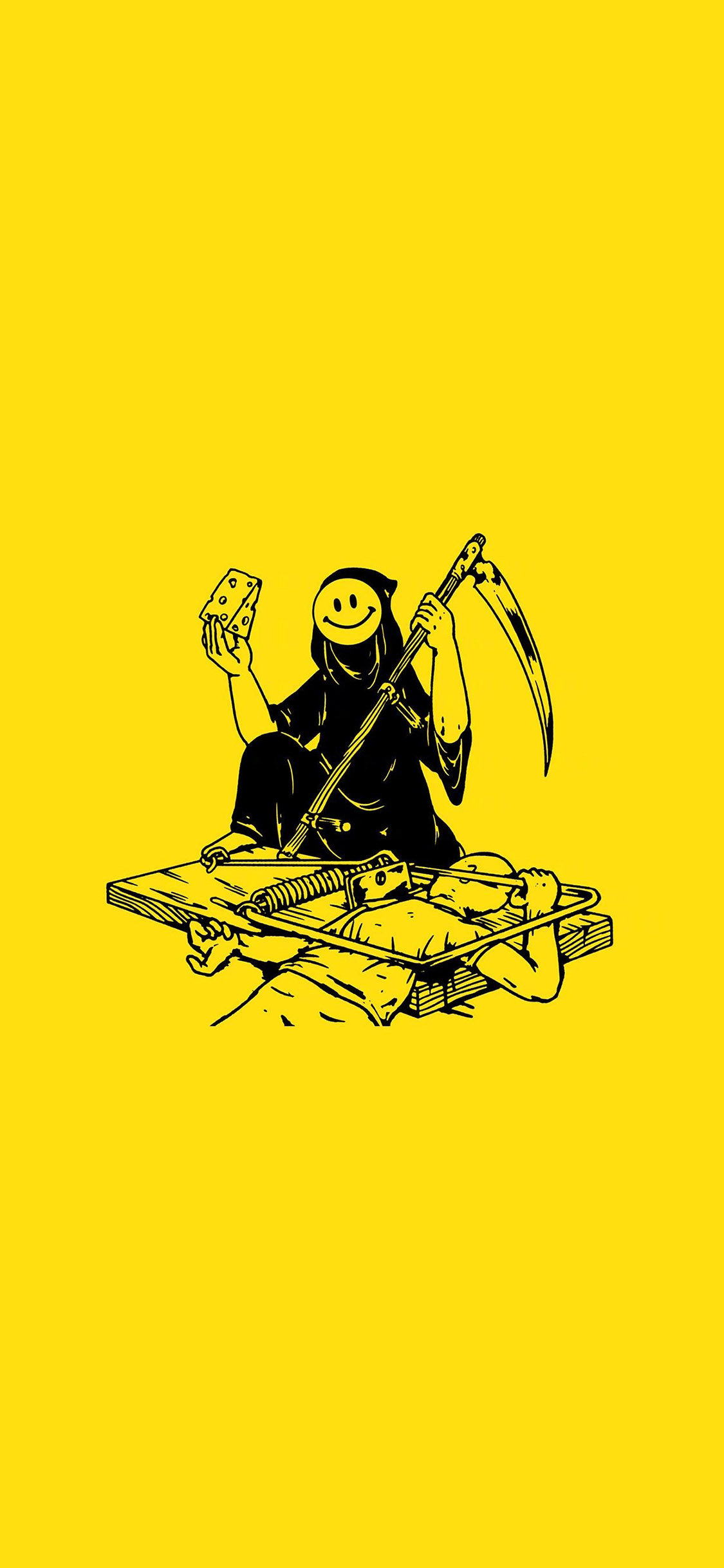 [2436×1125]黄色背景 死神 笑脸 老鼠夹 苹果手机动漫壁纸图片