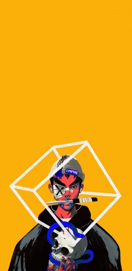 [2436x1125]黄色背景 潮图 男孩 骷颅头 苹果手机动漫壁纸图片