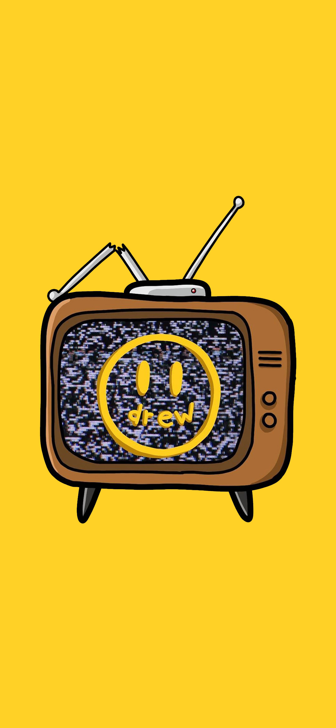 [2436×1125]黄色背景 电视机 笑脸 drew 联名 苹果手机动漫壁纸图片