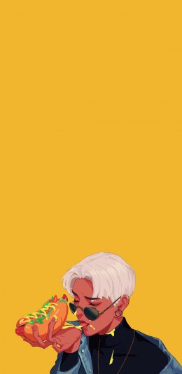 [2436x1125]黄色背景 男孩 潮图 热狗 苹果手机动漫壁纸图片