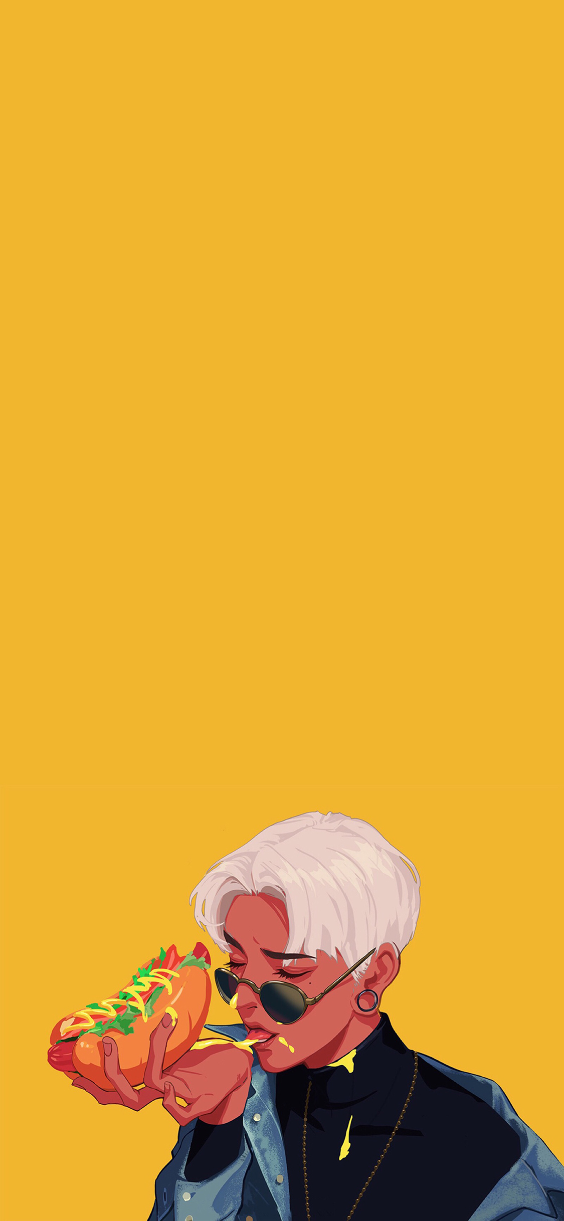 [2436×1125]黄色背景 男孩 潮图 热狗 苹果手机动漫壁纸图片