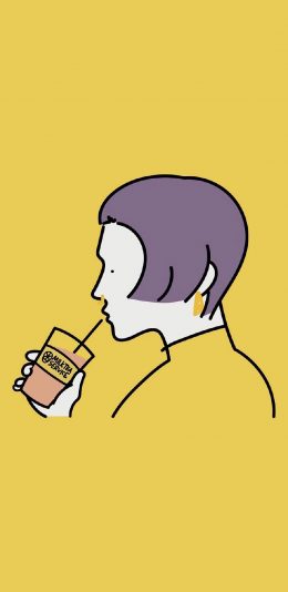 [2436x1125]黄色背景 简笔 卡通 女孩 苹果手机动漫壁纸图片