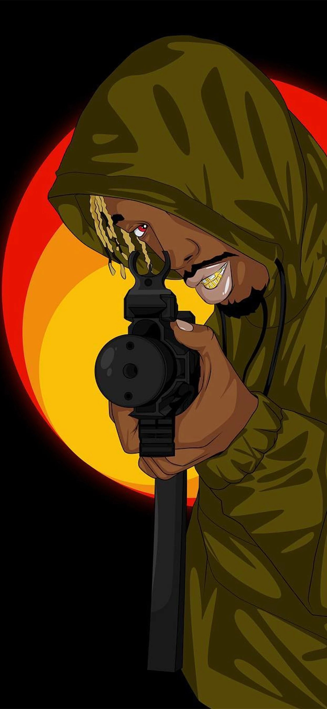 [2436×1125]黑人 潮图 枪支 金牙 脏辫 苹果手机动漫壁纸图片