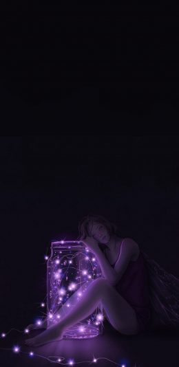 [2436x1125]黑色背景 动漫女孩 瓶子 小灯 苹果手机动漫壁纸图片