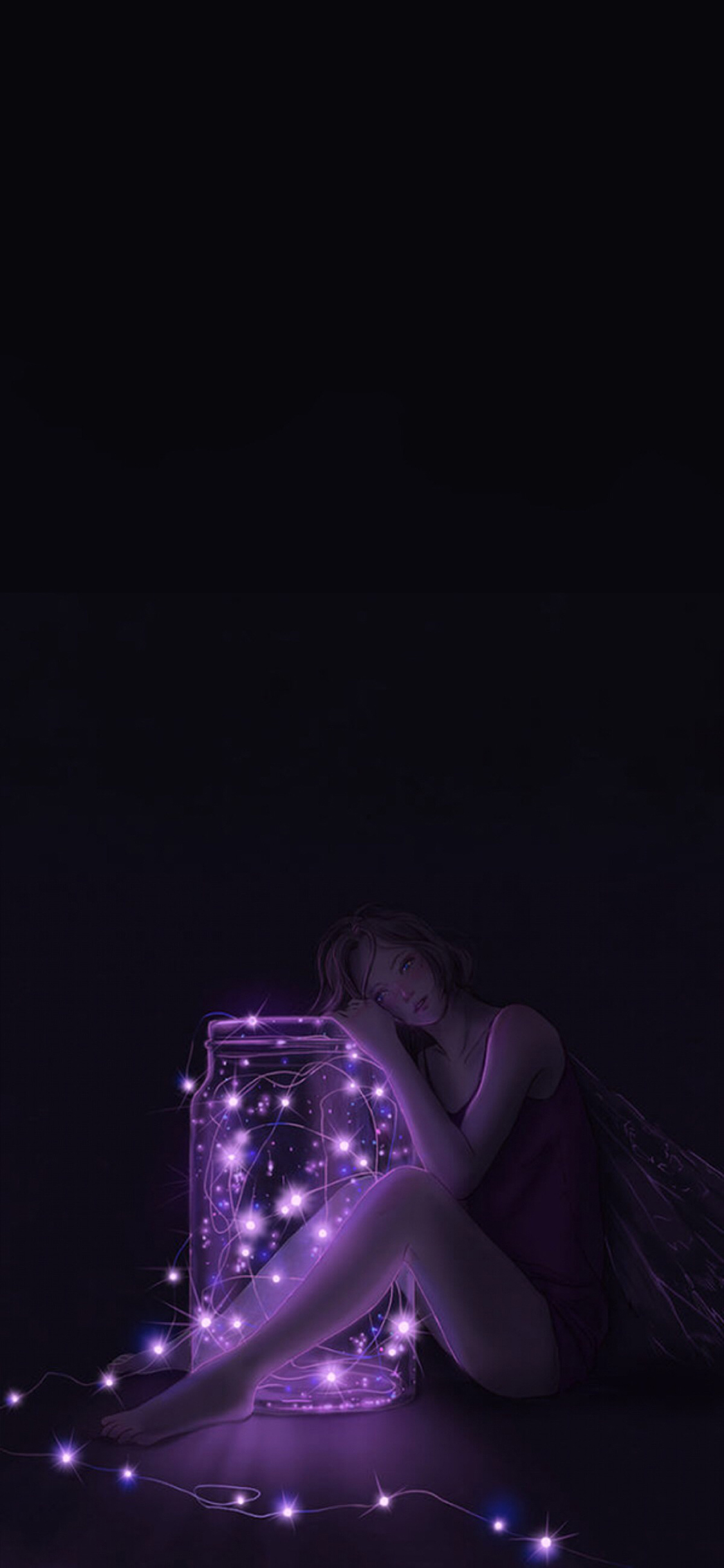 [2436×1125]黑色背景 动漫女孩 瓶子 小灯 苹果手机动漫壁纸图片