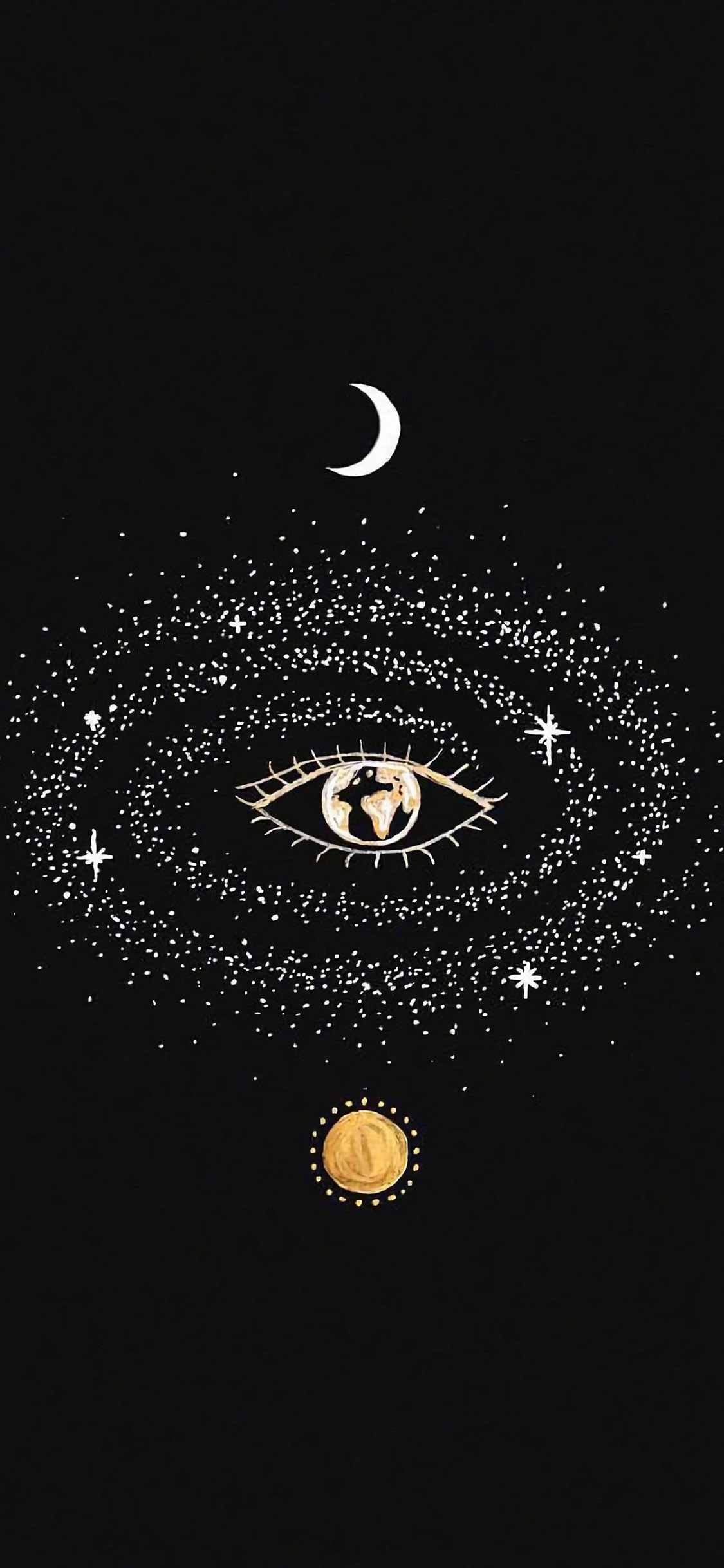 [2436×1125]黑色背景 月牙 太阳 眼睛 苹果手机动漫壁纸图片