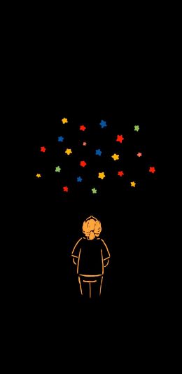 [2436x1125]黑色背景 简笔画 背影 星星 彩色 苹果手机动漫壁纸图片