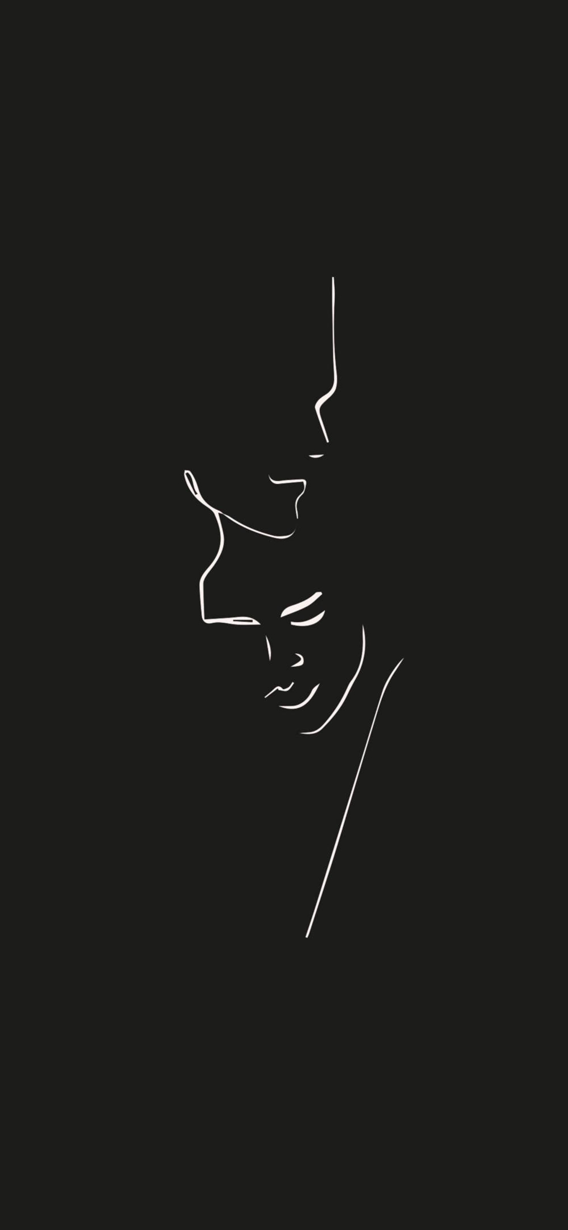 [2436×1125]黑色背景 线条 情侣 简笔 抽象画 苹果手机动漫壁纸图片